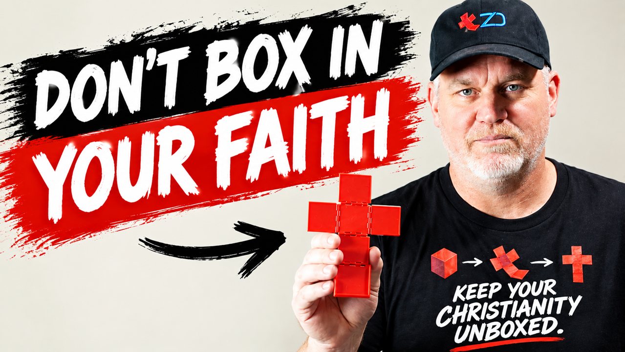 Don't box in your faith: a man in a ZANY Discipleship cap holds up a folded red box that has become a cross